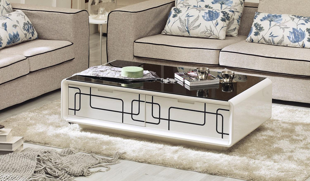 High Gloss White Lacquer Contemporary Coffee Table with 2 Drawers and a Glass Top